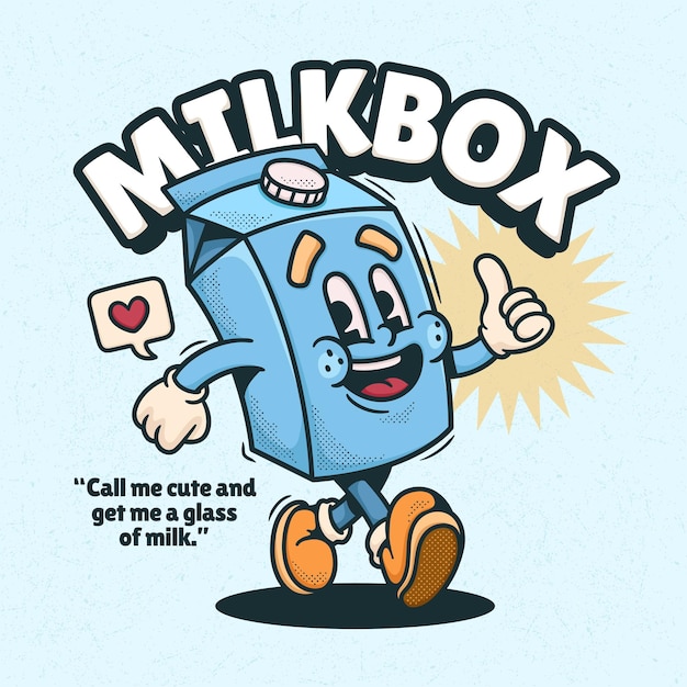 Milk Box Cute Trendy Retro Cartoon Vector Hand Drawn