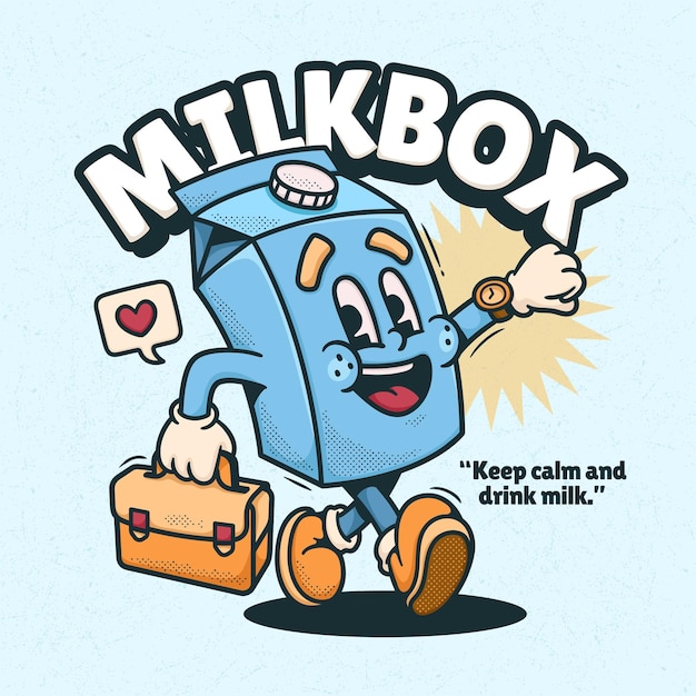 milk box cute trendy retro cartoon vector hand drawn