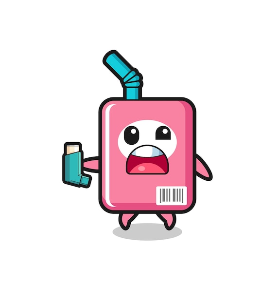 Milk box mascot having asthma while holding the inhaler cute design