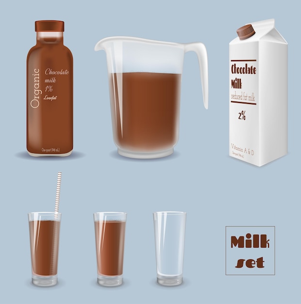 Cartone del latte con vetro bottiglia di latte al cioccolato e brocca
