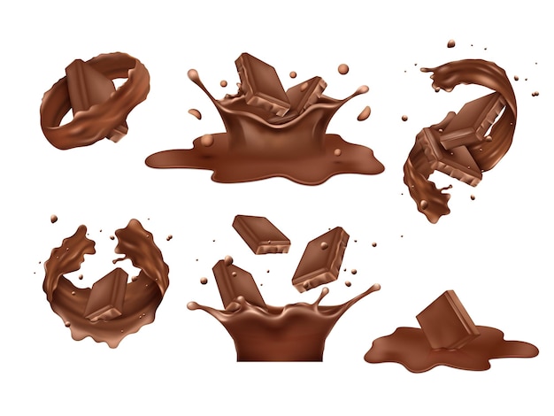 Milk chocolate bar choco splash Donkere cacao stukken in beweging cake logo 3D geïsoleerde elementen heet smelten of schud vloeistof vallen wervel smoothie of smelten crème Vector ontwerp objecten