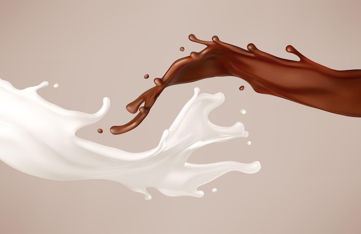Vector milk and chocolate splash melted brown choco and milky waves with drops realistic vector