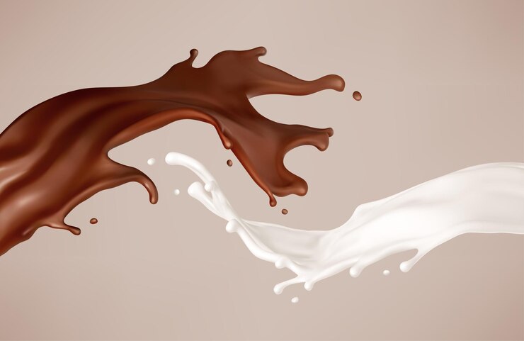Vector milk and chocolate splash melted brown choco and milky waves with drops realistic vector
