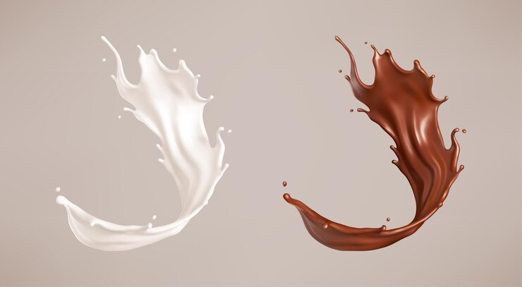 Vector milk and chocolate splash milkshake and melted brown choco realistic vector illustration