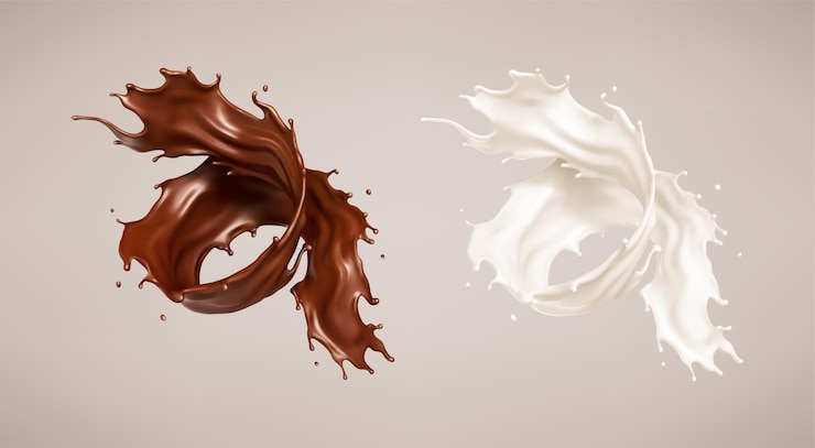 Vector milk and chocolate splash milkshake and melted brown choco realistic vector illustration