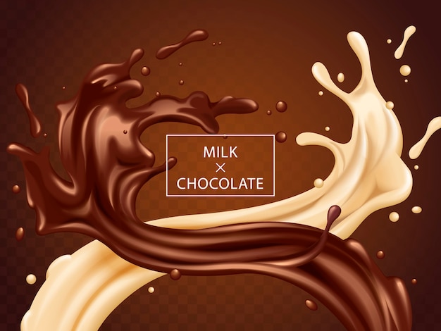 Vector milk and chocolate twisted, two sweet sauce twisted in the air in 3d illustration isolated