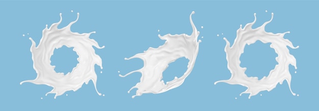 Молочные круги, выделенные на синем фоне. Натуральный молочный продукт, йогурт или сливки.