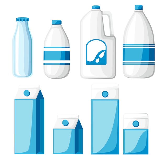 Milk containers collection. cardboard box, plastic and glass bottle. milk template.   illustration  on white background.