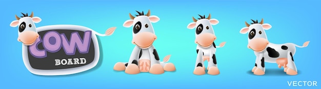 Vector milk cow board set cow blackboard standing sitting and different poses vector illustration