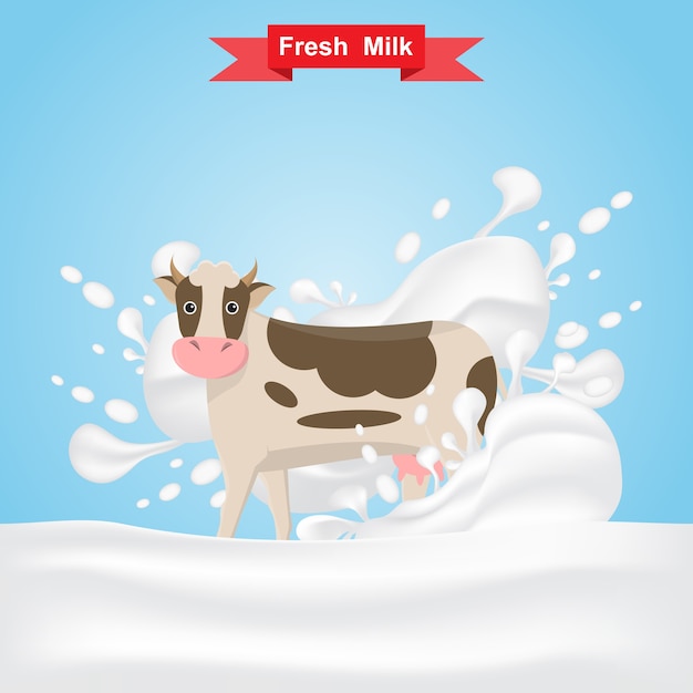 Vector milk cow stand on fresh milk splash