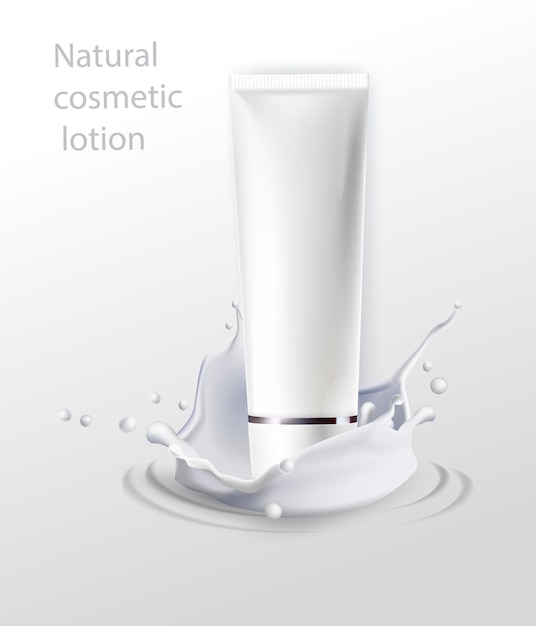 Milk cream cosmetics bottle mockup banner. Skin care cosmetic product tube stand at milky splashing white background. Realistic 3d vector illustration
