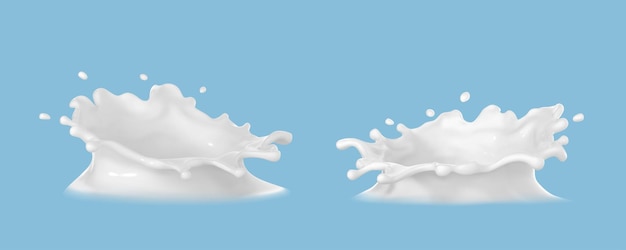 Milk crown splash set isolated on blue background Vector realistic milk splash