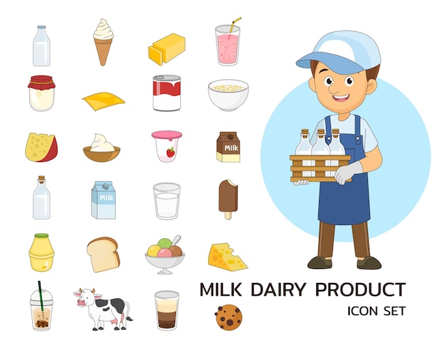 Vector milk dairy product concept flat icons.