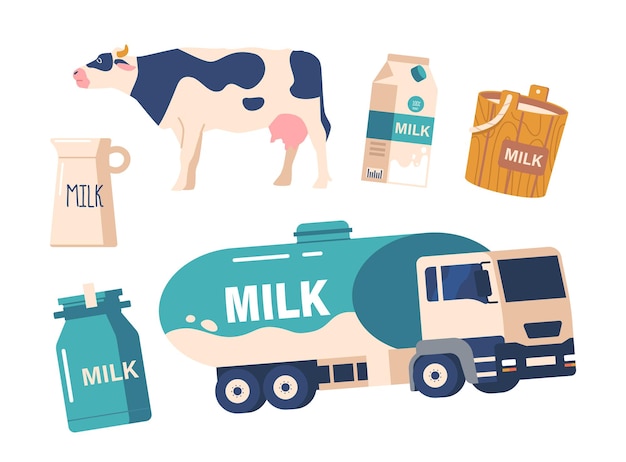 Vector milk and dairy product set in different packages as paper pack wooden bucket jug and glass bottle cow and truck