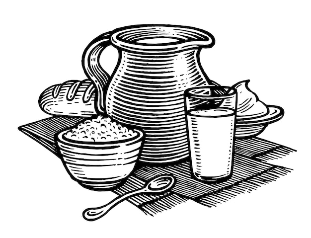 Vettore illustrazione vettoriale del latte e dei prodotti lattiero-caseari grafica vintage e lavori manuali