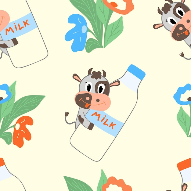 Milk day mucca carina con una bottiglia di latte e fiori 1 giugno è una vacanza illustrazione senza giunture carta da parati tessile o design vector