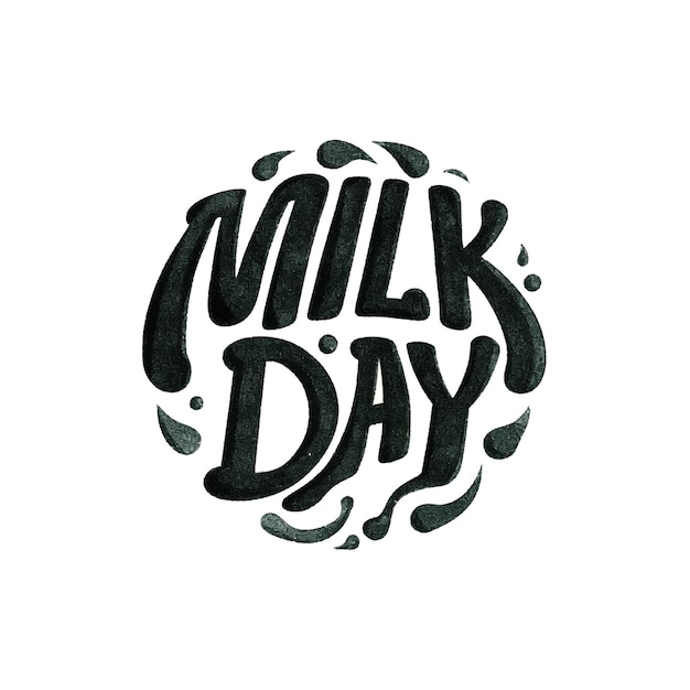 Vector milk day het zwart-witte logo toont een cirkel met een spetter melk en het woord melk is geschreven in een speels