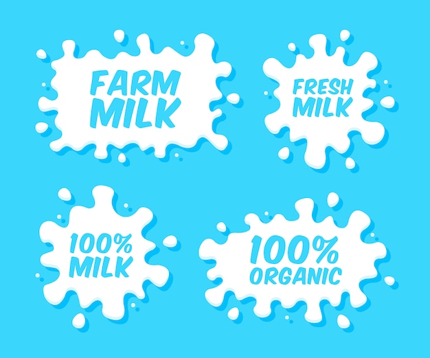 Vector milk emblems and dairy labels with splashes and blots. vector milk stains and drops of cream