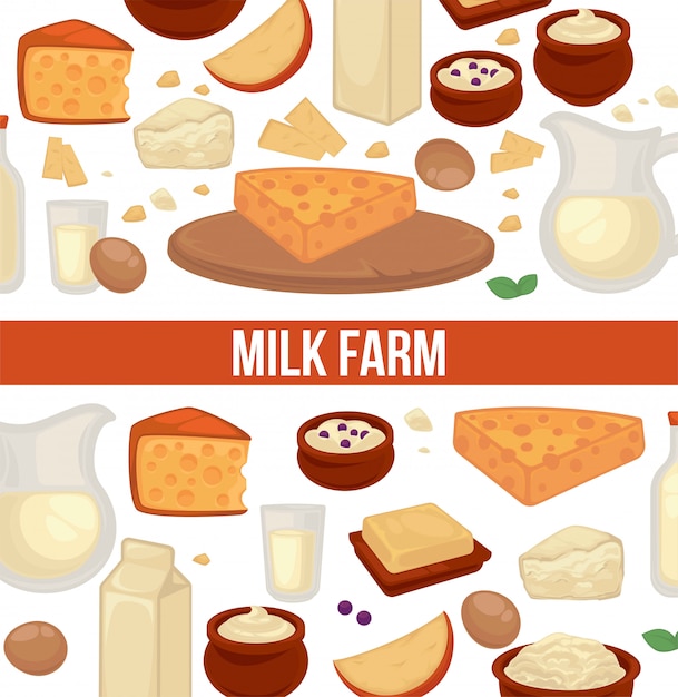 Milk farm promo poster with seamless pattern of dairy products