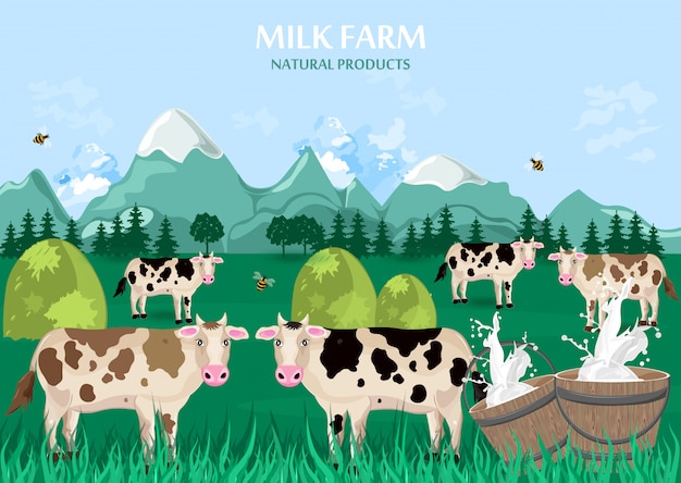 Milk farm with cows on green field