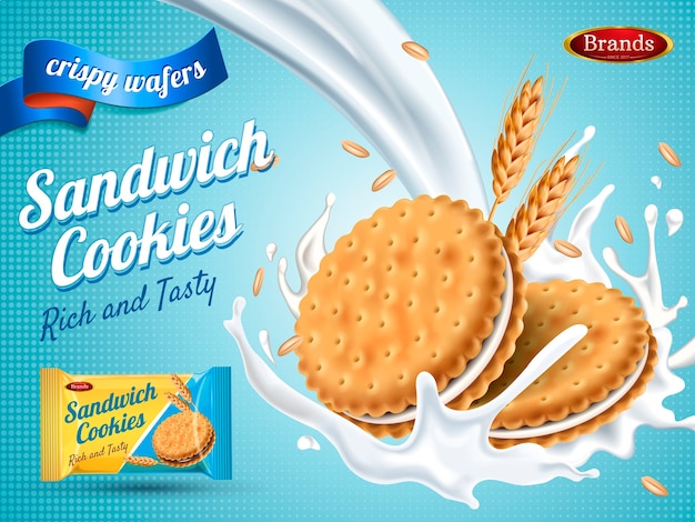 Milk flavor sandwich cookies isolated light blue background