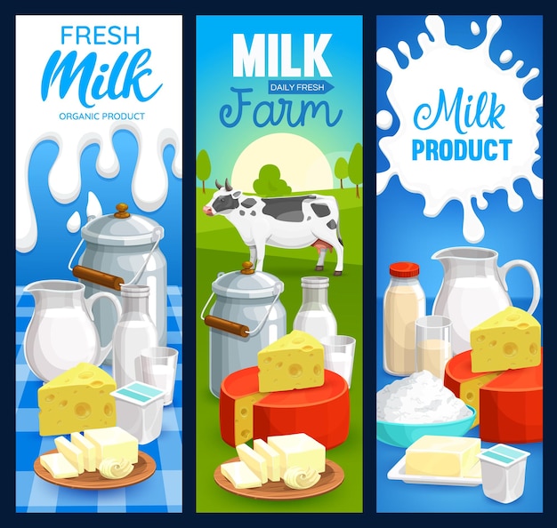 Vector milk food products of dairy farm vector banners