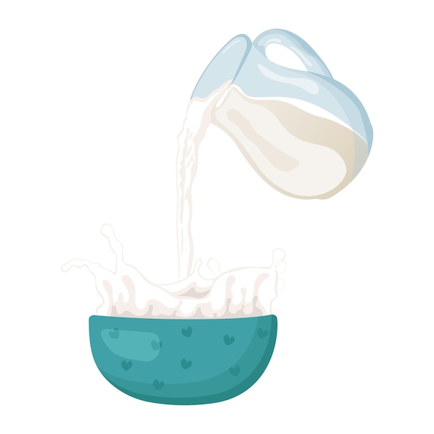 Milk is poured from a glass decanter into a bowl