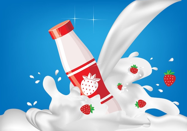 Vector milk is scattered around round plastic bottles with red strawberries inserted in the water product sales concept