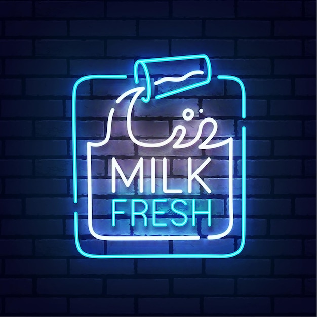 Vettore insegna al neon di latte. neon di logo fresco di latte