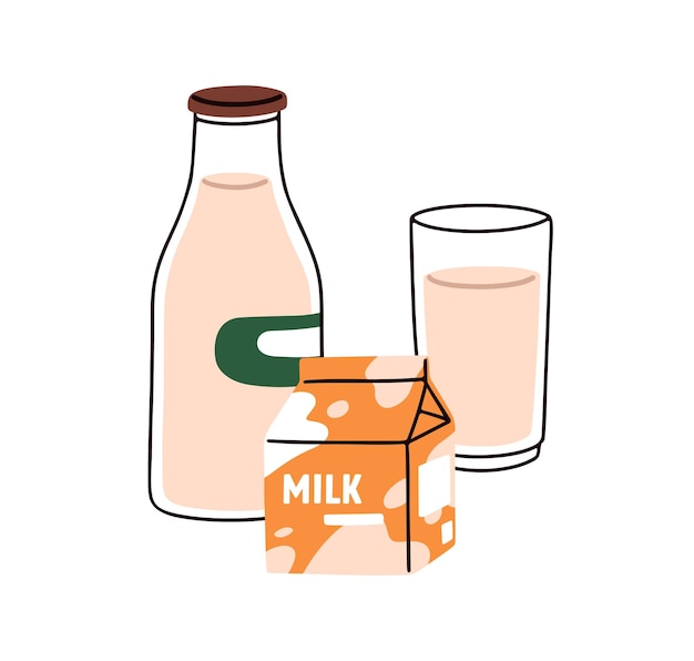 ガラスのテトラパッケージ 乳製品 カートボード紙箱 プラスチック容器 新鮮な天然有機飲料 白い背景に隔離された平らなベクトルイラスト