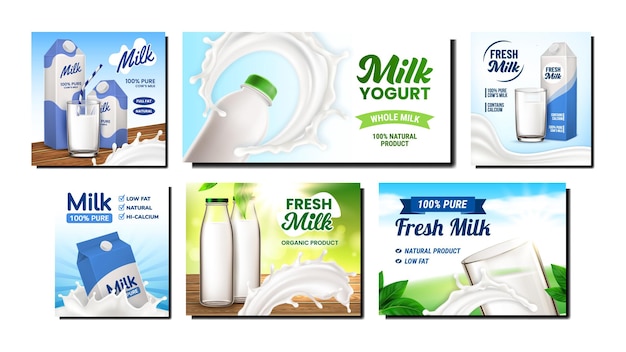 Milk Packages Creative Promo Posters Set Vector