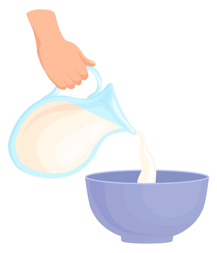 Vector milk pouring in bowl cooking process cartoon icon