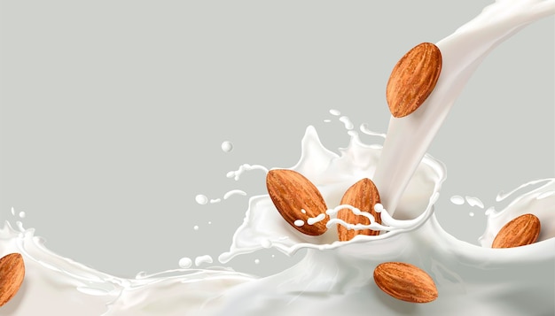 Vector milk pouring down with almond