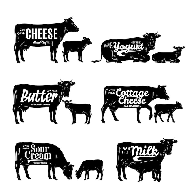 Logo del prodotto lattiero-caseario sagome di mucca e vitello