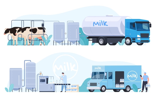 ベクトル 牛乳の生産プロセス 牛が牛乳を与え、人々がそれを低温殺菌して販売する健康で環境に優しい製品ベクトルイラスト