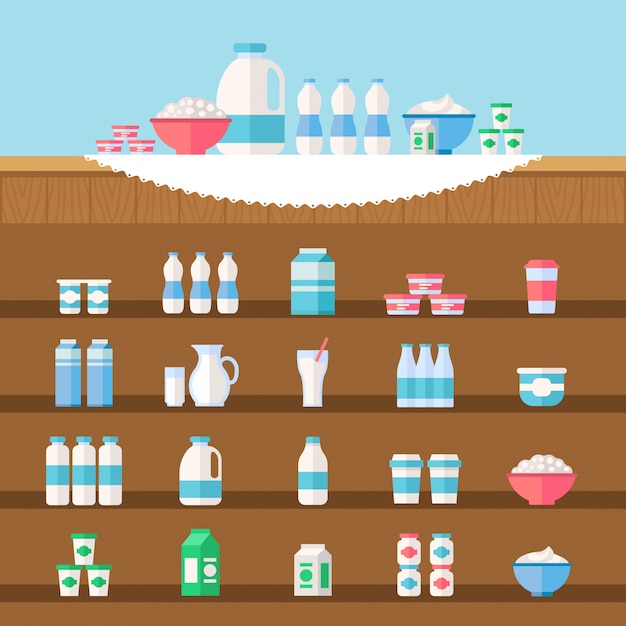 Vector milk products illustration set. milk, kefir, yogurt, sour cream, cream.