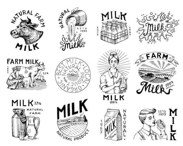 Vector milk set cow and woman farmer milkmaid and jug blot and bottles packaging and meadow man holds a