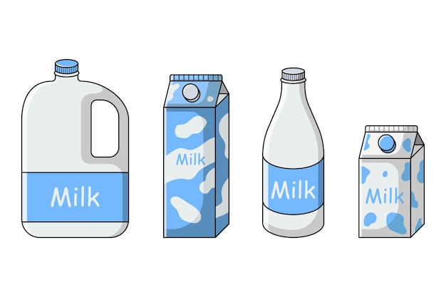 Milk set in different packages carton bottle gallon canister