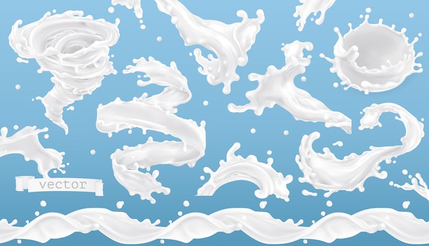 Vector milk splash. 3d realistic vector element set