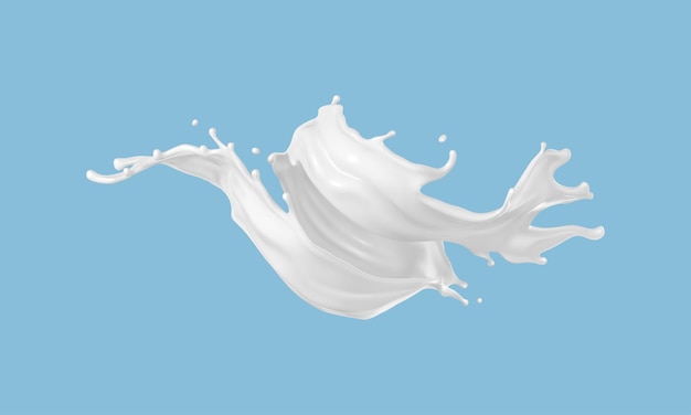 青い背景にミルクのスプラッシュ 天然乳製品ヨーグルトまたはクリームのスプラッシュと飛沫