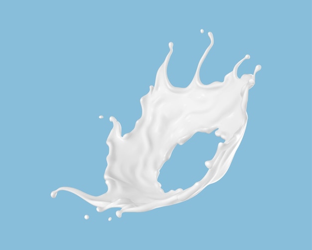 Vector milk splash on blue background natural dairy product yogurt or cream splash with flying drops