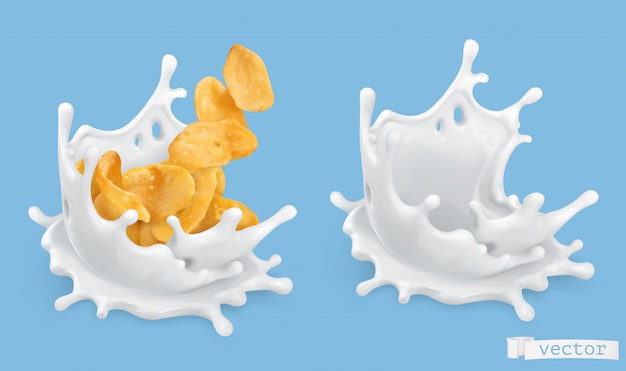 牛乳のスプラッシュとコーンフレーク。現実的なベクトルオブジェクト、食品イラスト