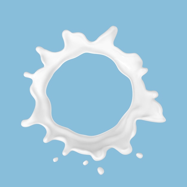 Milk splash isolated on blue background Natural dairy product yogurt or cream splash with flying drops Realistic Vector illustration