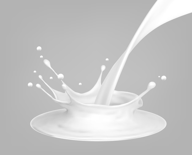 Milk splash and pouring, white splatter on grey background, Realistic healthy drink yogurt or cream motion.