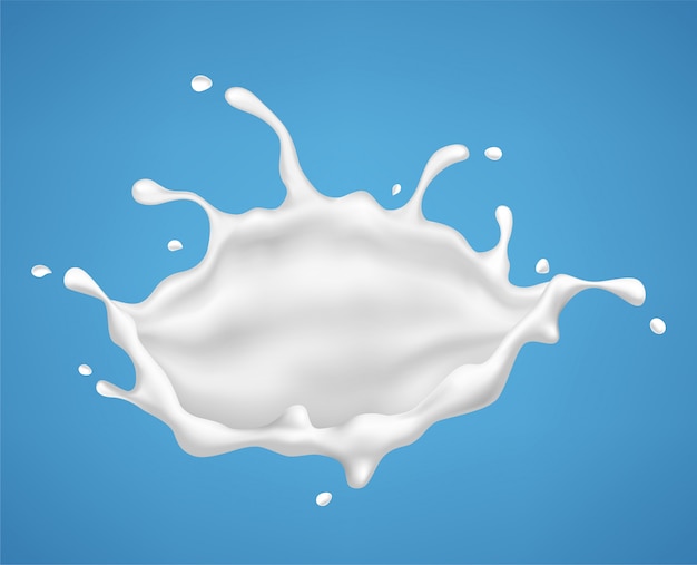 Spruzzata di latte realistici schizzi di latte e gocce di bevanda a base di latte o yogurt isolato su sfondo blu