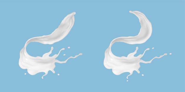 Milk splash set isolated on blue background Realistic vector illustration