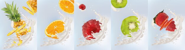 Vector milk splash on sweet fruit. realistic pineapple, strawberry, raspberry, orange kiwi. tasty fruit yogurt.