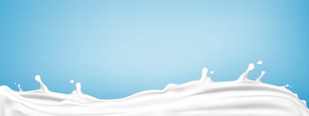 Milk splashes on blue background. Natural dairy product, yogurt or cream splash. Realistic  illustration