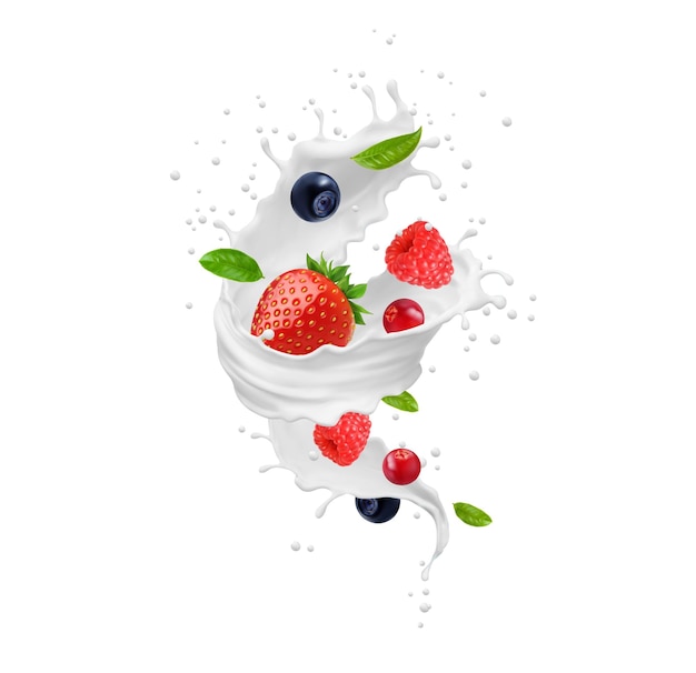 Vector milk swirl or tornado wave splash with berries fruit yogurt or milk cream drink realistic vector strawberry raspberry blueberry and cranberry berries in milk swirl tornado in splash background