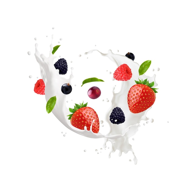 Вектор Всплеск волны молочного вихря с ягодой молочные сливки или молочный натуральный продукт 3d векторное изображение молочный коктейль реалистичные капли или рябь с клубникой, черной смородиной и малиной, ежевикой, листьями мяты